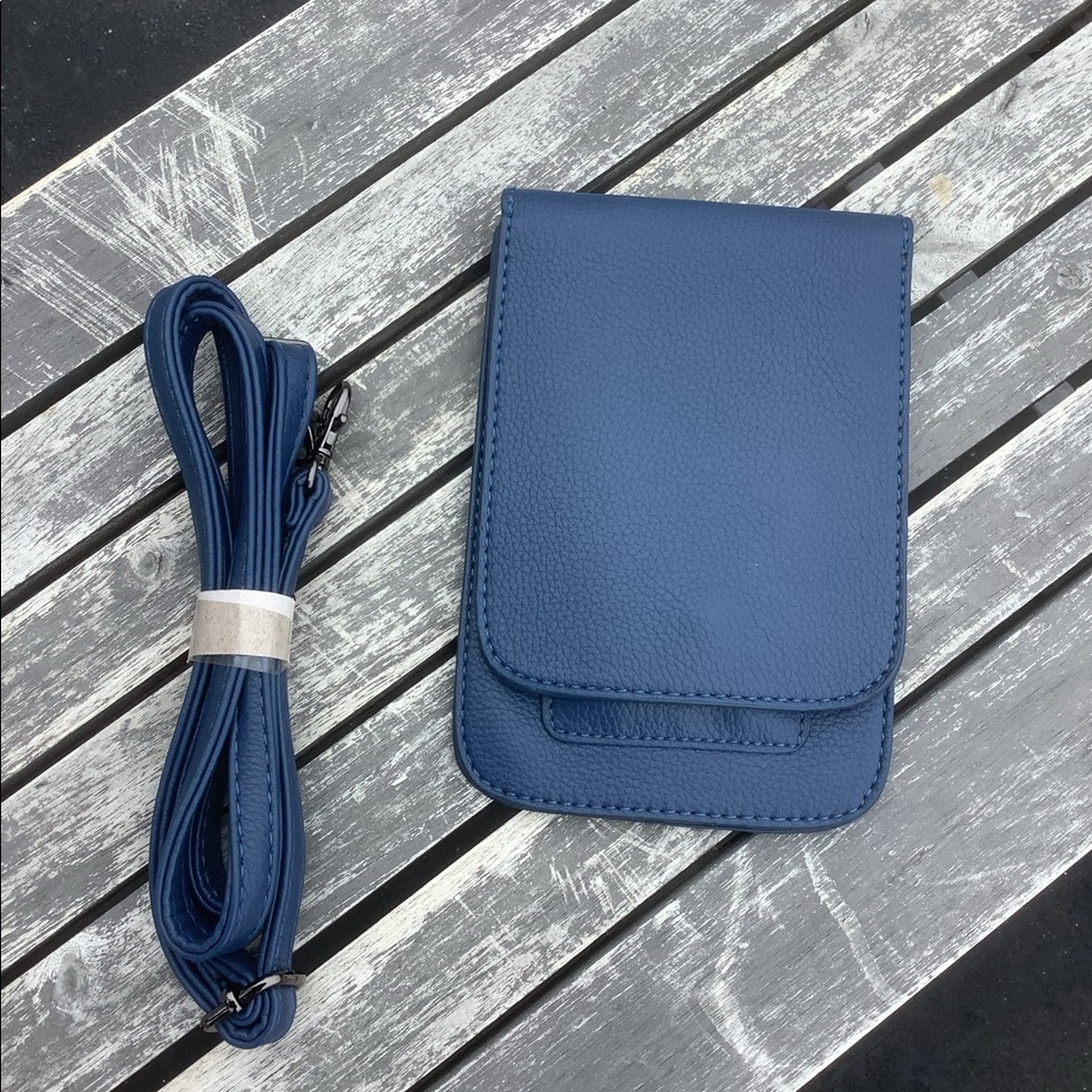 Blue phone holder with a strap for a large phone